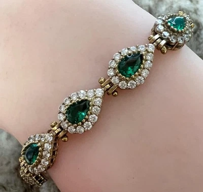 REAL Diamond & Tourmaline 14K Gold on SOLID 925 Green Halo Half Tennis Bracelet - Image 1 of 4