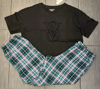 Victoria's Secret Flannel Jogger Tee-Jama Set Lipstick Heritage Plaid Medium NWT - Image 1 of 4