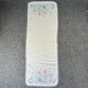 Vtg Hand Embroidered Floral Wreath Flowers Table Runner Dresser Scarf (34”x 13”) - Picture 1 of 5