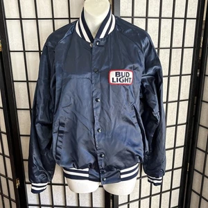 Vintage Bud Light Satin Bomber Jacket Mens Large Navy Blue Anheuser Busch Beer - Bild 1 von 9