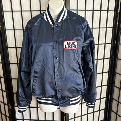 Vintage Bud Light Satin Bomber Jacket Mens Large Navy Blue Anheuser Busch Beer - Image 1 of 4