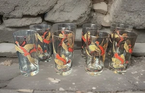 Vintage 1950's Hazel Atlas Gold Pheasant High Ball Barware Glasses - Set of 8 - Picture 1 of 8