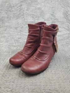 Cobb Hill Ruched Ankle Boots Womens 7.5 M Red Leather Side Zip Up Block Heel - Picture 1 of 9