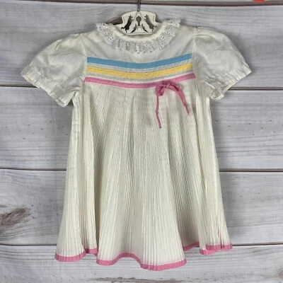 复古白色圆点女孩打褶连衣裙粉色黄色蓝色条纹蝴蝶结 — 第 1/4 张图片