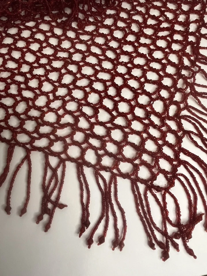 Rare vintage red glass bead crochet woven table scarf - Image 1 of 4