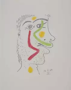 Pablo PICASSO : Le Goût du Bonheur, Autoportrait en rouge et vert, Lithographie - Picture 1 of 5