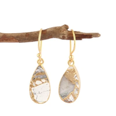 Pear Shape Mohave Copper Howlite Turquoise 18k Gold Plated Dangle Hook Earrings - Image 1 of 3
