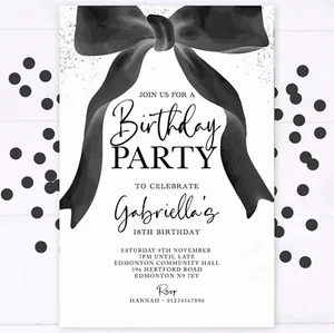 Personalised Birthday Party Invitations, Black, White, Bow, 18th 21st 30th 40th - Picture 1 of 1
