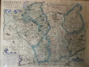 Framed LEICESTERSHIRE, SAXTON & KIP original antique hand coloured map 1637 - Picture 1 of 6