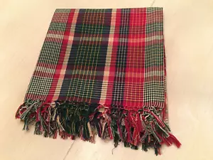 Crate & Barrel Plaid Red Green White Fringe Tablecloth 60"x54" Cotton - Picture 1 of 7