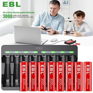EBL 8x 1.5V AA Rechargeable Lithium Batteries 3000mWh Double A Battery + Charger - Picture 1 of 15