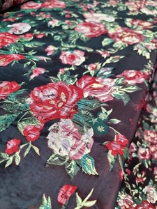 Red Green Floral Brocade Black Background Fabric Sold By The Yard Dress Upholste - Picture 1 of 13
