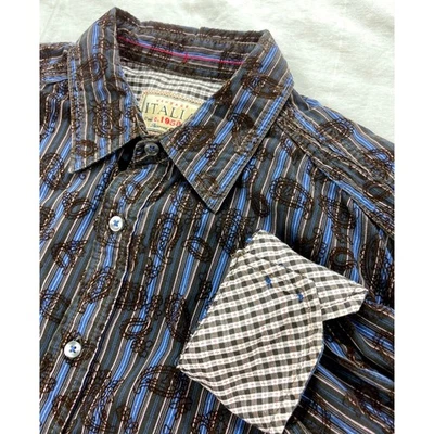 Camisa listrada marrom azul manga longa masculina vintage Italia com botões L - Imagem 1 de 4