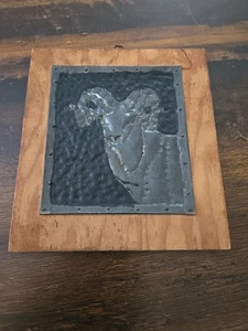 Rare Unique Metal Ram attached to wood 4 x 4" - Picture 1 of 5