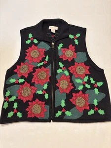 Bechamel Ladies Christmas Vest Size Large Poinsettia’s Embroidered Vintage - Picture 1 of 6