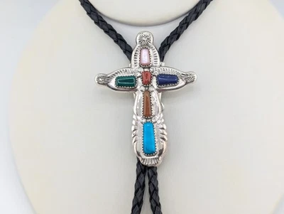 Zuni крест мульти камень кожи Bolo галстук из чистого серебра советы ручной работы аксессуар - Изображение 1 из 4