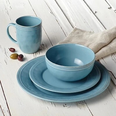 Dinnerware Set Blue Stoneware 16 Piece Round Dinner Plate Bowls Service For 4 - Image 1 of 4