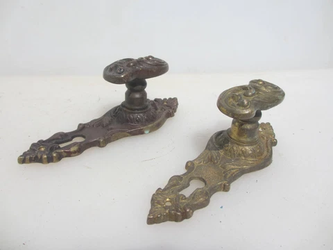 Vintage French Brass Door Handles Knobs Old Plates Rococo Gilt Gold Keyhole Cover