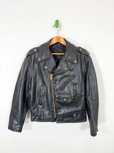 Chaqueta de cuero negra estilo perfecto vintage cremalleras faltan forro talla 46 - Imagen 1 de 9