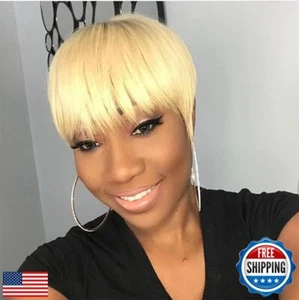 Kurze blonde Echthaar Pixie Cut Perücke - 150% Dichte, Lace Front, glatt an - Bild 1 von 5