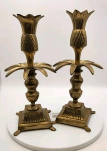 VTG Brass Candle Holder Set Pair Pinapple Theme India - Picture 1 of 7
