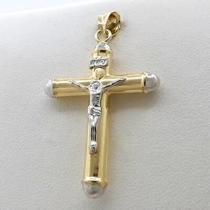 Solid 18k Gold Crucifix Cross Charm Pendant Tubular Two Tone Italy 750 Large New - Picture 1 of 9