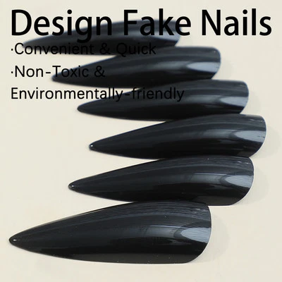 Black Stiletto False Nail Ultra-long Solid Color Fake Nail Women Cosplay Nails - Image 1 of 4