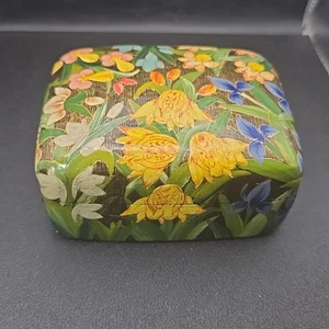 Kashmir India Hand Painted Trinket Box Florals Lacquer Paper Mache 3.5"x4.5"x2" - Picture 1 of 19