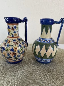 2 Vintage Portuguese Hand Painted Pottery Jugs – Rustic Folk Art – 14cm Tall - Picture 1 of 9