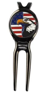 Golf Beltclip Divot Repair Tool Magnetic Ball Mark Marker Silver Eagle USA Flag - Picture 1 of 5