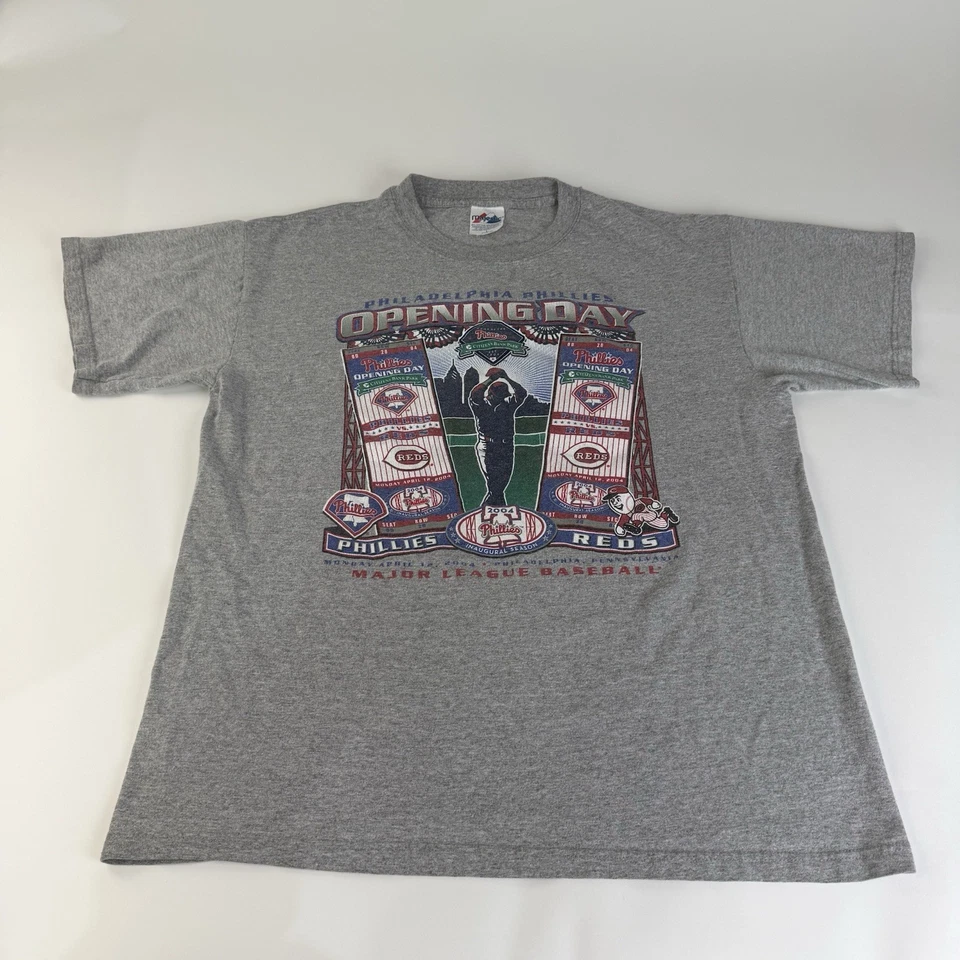 Majestic Philadelphia Phillies Shirt Gray 1st Game Citizens Park 2004 LARGE Y2K - Image 1 of 3