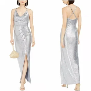 Vestido de Noche Eliza J Plateado Sobrepelliz Nuevo con Etiquetas Talla 10 Maxi Vestido Glamuroso - Imagen 1 de 8