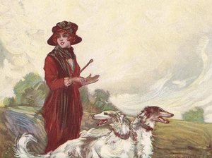BORZOI CHARMANTE HUNDEGRÜSSE NOTIZKARTE SCHÖNE DAME UND IHRE HUNDE AM HANG - Bild 1 von 1