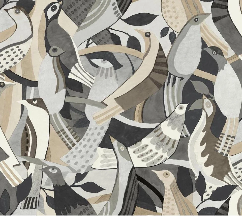 Papel de parede abstrato fauvista moderno bando de pássaros, bege acastanhado cinza, parafuso de 60 pés quadrados - Imagem 1 de 4