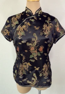 Vintage asiatisches Cheongsam Geisha schwarz Blumen Drache Top Damen M - Bild 1 von 6