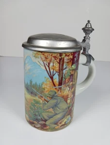 Vintage Schrobenhausen Deutscher Bierstein mit Zinn Zinn Klappdeckel, Jagdszene - Bild 1 von 11