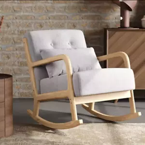 Upholstered Rocking Chair Armchair Button Back Rocker Seat w/ Pillow & Wood Legs - Picture 1 of 3
