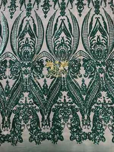 Iridescent Sequins - Teal Green - Mesh Damask Design 4 Way Stretch Fabric - Picture 1 of 4