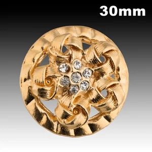 Vintage Gold Metal Ribbon Motif Button w/ Rhinestone 30mm 40022020 - Picture 1 of 2