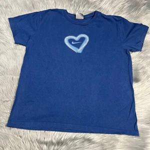 Vintage Y2K Nike Womens Heart Logo Blue T Shirt - Picture 1 of 9