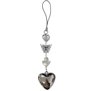 Heart Bow Phone Pendant Silver Keychain Bag Charm Handmade Jewelry - Zdjęcie 1 z 8