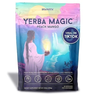 BRAINISTA Yerba Magic Yerba Mate Instant Tea Powder - Peach Mango Flavor - 30 Servings