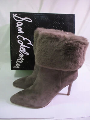 NEW Sam Edelman Shoes OLEANA Flint Grey Suede Faux Fur Boot Booties Heel 10.5 M - Image 1 of 4