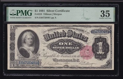 US 1891 $1 Martha Silver Certificate FR 223 PMG 35 Ch VF (481) - Image 1 of 2