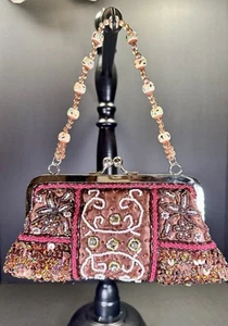Vintage Purse Handbag Clutch Brown Beaded Embroidered Floral Kiss Lock Evening - Picture 1 of 21