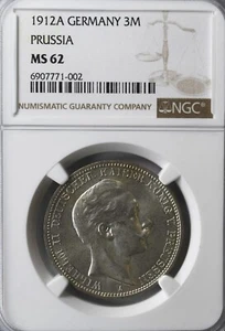 1912 A Germany Prussia 3 Mark Silver NGC MS62 - Picture 1 of 2