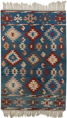 Alfombra RRA 4x6 Turco Kilim Tribal Medallón Azul 34548 Foto 1 de 4
