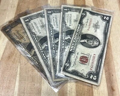 Lot Of 5 U.S. Notes: 1953 $2 Red Seal, 1 1957b & (3) 1957 $1 Silver Certificates - Image 1 of 4