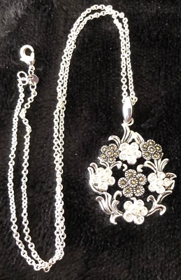 Silver Tone Costume Jewelry * 1 1/2" Floral Marcasite Pendant * 18” Chain *  - Image 1 of 3