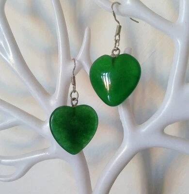ORECCHINI CUORE DI GIADA VERDE NATURALE E ARGENTO 925 FATTI A MANO, REGALO DONNA - Immagine 1 di 4